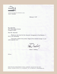 Letter from Glenn T. Seaborg to Roy Alexander expressing interest in the Alexander Arrangement of Elements, and thanking him for the model of the AAE received